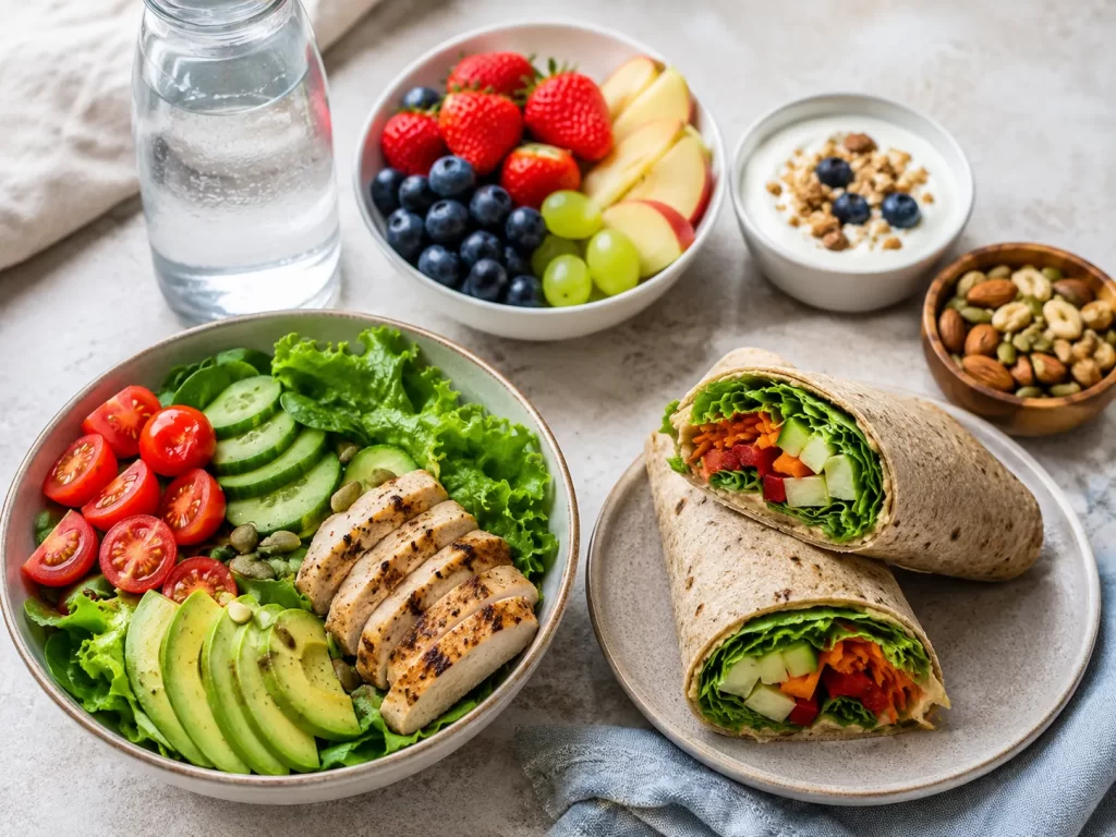 Kleurrijke lunch met salade, wrap, fruit, yoghurt, noten en water.