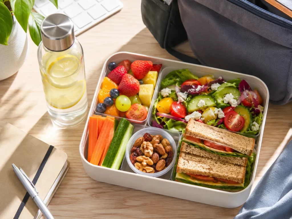 Kleurrijke lunchbox met salade, fruit, groente, noten en een volkoren sandwich voor werk, school of onderweg.