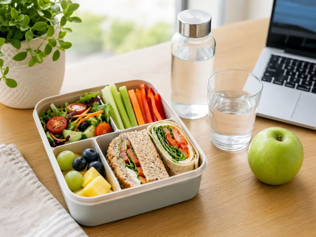Een frisse en voedzame lunchbox met groente, fruit, water en een volkoren wrap op een moderne werkplek.