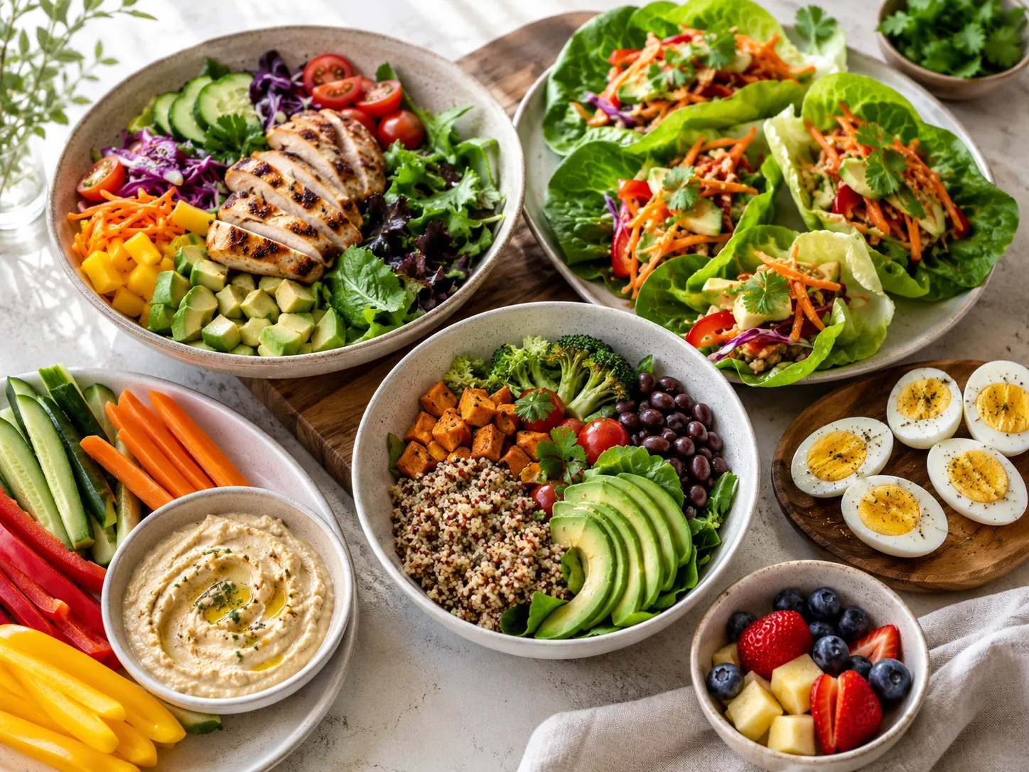 Kleurrijke lunch met salade, groente, quinoa, ei en hummus voor makkelijke variatie.