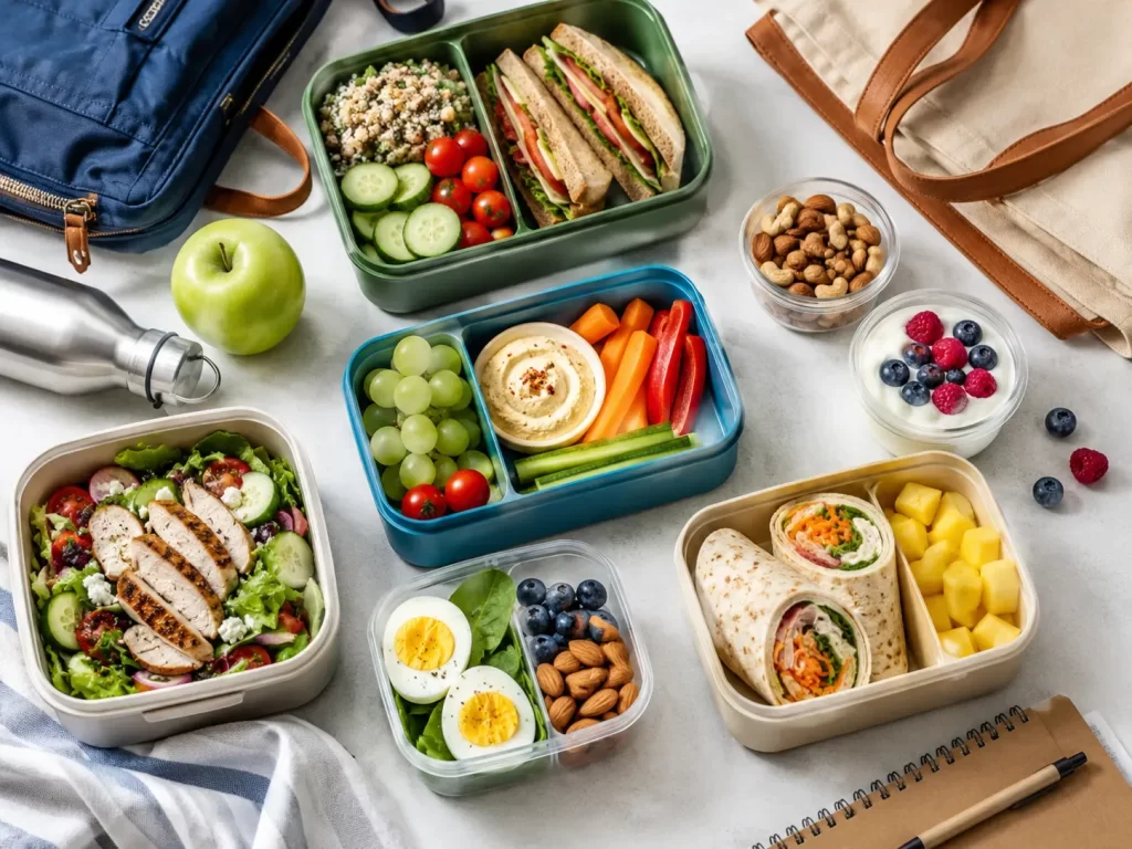 Kleurrijke en makkelijke lunchboxen met verse groenten, fruit, wraps, salade en snacks voor school, werk en onderweg.