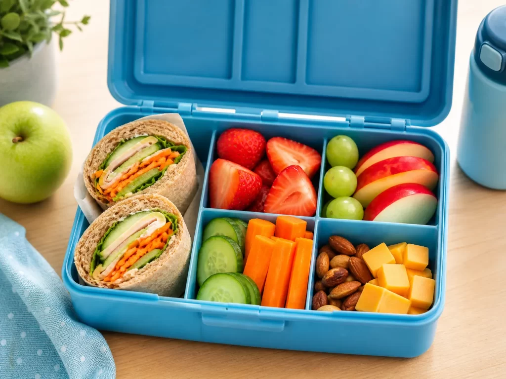 Kleurrijke lunchbox met wraps, fruit, groenten, kaas en noten voor een makkelijke en gezonde schooldag.