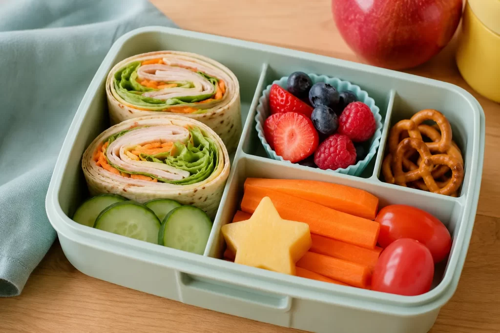 Kleurrijke lunchbox met wraps, fruit, groenten en kleine snacks die kinderen graag eten.