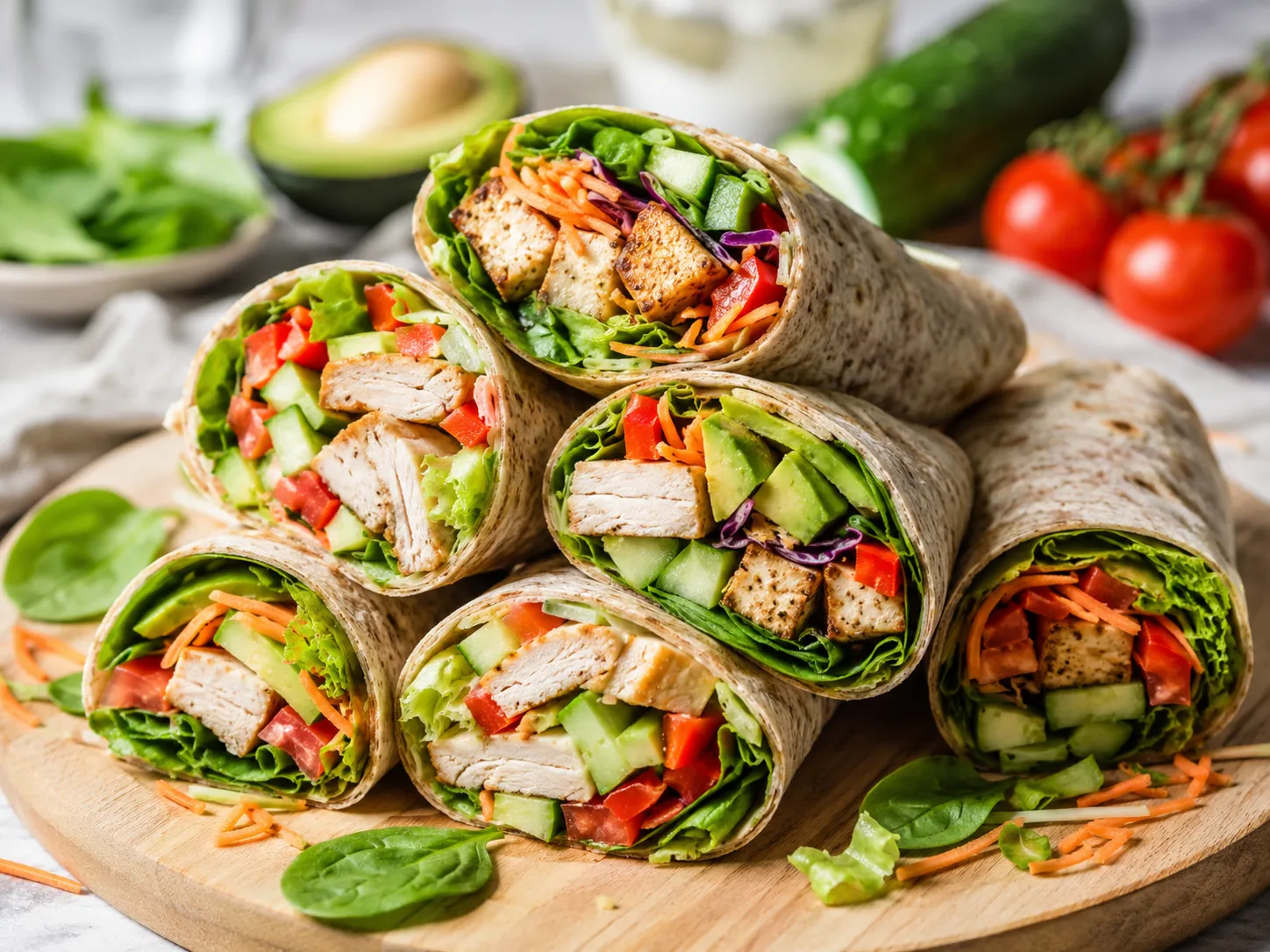 Kleurrijke volkoren wraps gevuld met verse groenten, avocado en eiwitrijke stukjes voor een snelle, voedzame lunch.