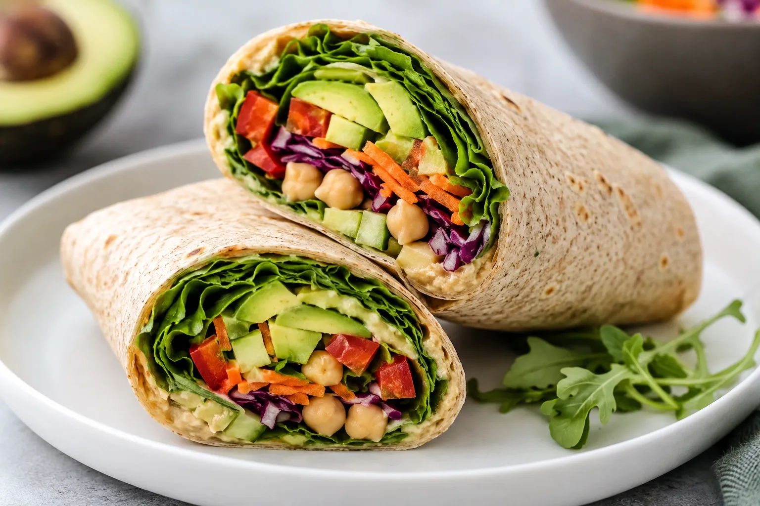 Een voedzame wrap gevuld met verse groenten, romige spread en eiwitrijke ingrediënten voor een makkelijke lunch.