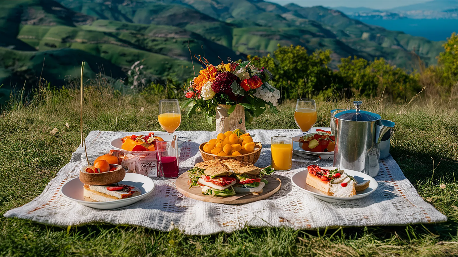 Kleurrijke picknick met broodjes, fruit en sap voor een frisse lunch buiten.