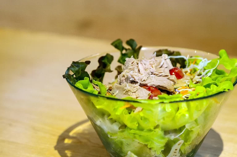 Frisse lunchsalade met tonijn, sla en groenten voor een lichte eiwitrijke maaltijd.