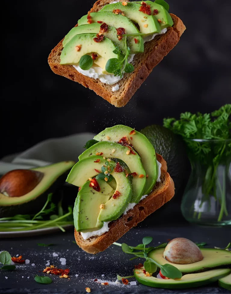 Knapperige toast met avocado, roomkaas en chilivlokken voor een frisse gezonde lunch.